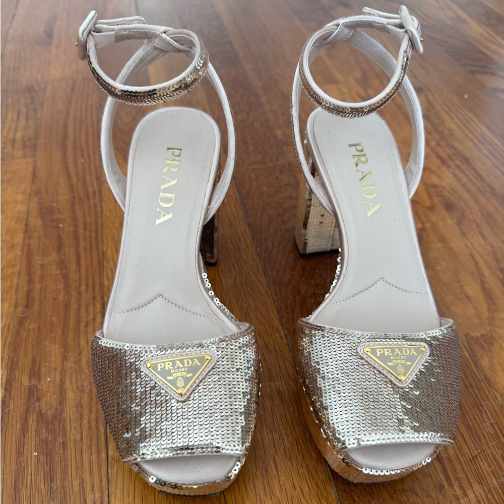 Prada Rose Gold Sequin Embellished Footwear